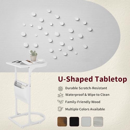 C Shaped End Table, Slide Under Small Side Table for Couch & Small Spaces | Wobble-Free C Table For Sofa, White, Storage Bag, Sturdy Metal Frame, Wood Top, Living Room & Bedroom, 15-Min Quick Assembly - color: Classic White