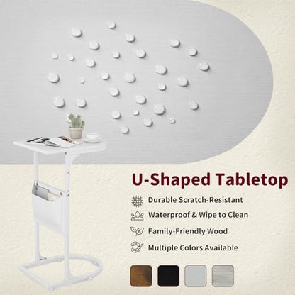 C Shaped End Table, Slide Under Small Side Table for Couch & Small Spaces | Wobble-Free C Table For Sofa, White, Storage Bag, Sturdy Metal Frame, Wood Top, Living Room & Bedroom, 15-Min Quick Assembly - color: Classic White