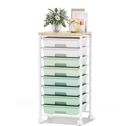 Rolling Cart with 8 Drawers, Storage Drawers Cart with Wooden Tabletop and Lockable Wheels, Craft Storage for Living Room, Office, Classroom, Craft Room, Bedroom - color: Green