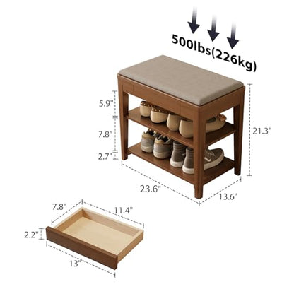Small Shoe Bench with Storage, Wooden Shoe Storage Bench with Cushion&Hidden Drawer, 2-Tier Shoe Rack Bench for Entryway, Mudroom, Hallway - size: 23.6"W x 13.6"D x 21.3"H