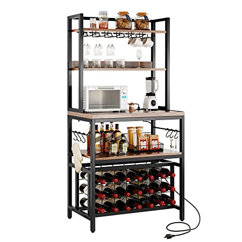 YITAHOME Kitchen Microwave Bakers Stand 31 Inches Wine Rack Free Standing Small w Storage for Liquor Glasses Power Outlet Tall Farmhouse Utility Shelf Pantry Dining Room Coffee Bar Hutch, Rustic Brown | 5-Tier Storage, Wine Rack, Glass Holders, Power Outl