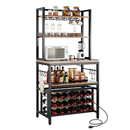 YITAHOME Kitchen Microwave Bakers Stand 31 Inches Wine Rack Free Standing Small w Storage for Liquor Glasses Power Outlet Tall Farmhouse Utility Shelf Pantry Dining Room Coffee Bar Hutch, Rustic Brown | 5-Tier Storage, Wine Rack, Glass Holders, Power Outl