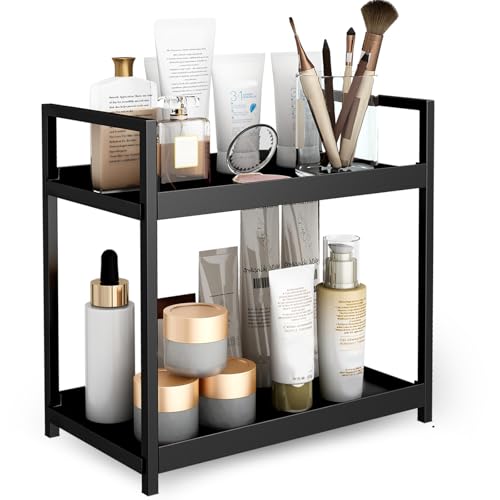 2-Tier Bathroom Countertop Organizer Multifunctional Vanity Tray Cosmetic and Makeup Storage Rack Kitchen Spice Shelf Freestanding Organizer (Black) - color: Black
