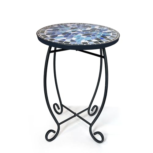 LIFFY Outdoor Side Table,12" Round Ceramic Tile Tabletop Accent Table with Metal Frame, Indoor Small Decorative Plant Stand & End Table for Home, Patio, Garden - color: Navy Blue-12 Inches