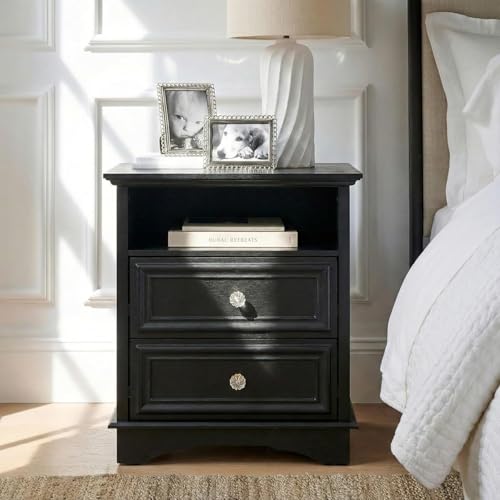 Brafab Bedside Table Set of 2 with Hidden Drawer, 25" Tall | Black Night Stand with 2 Drawers and Open Shelf, Classic Wood Night Stands with Secret Storage for Bedroom, Guest Room - color: Black
