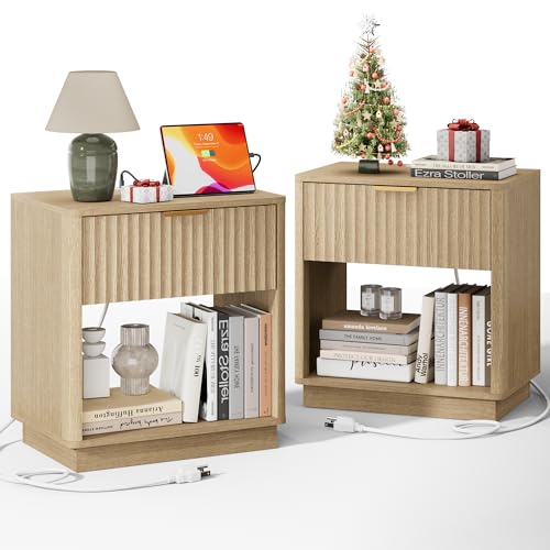 Fluted Nightstand, Night Stand Set 2, 23" Wide Nightstands Set of 2 with Charging Station, Large Wooden End Table with Drawer, Modern Bedside Table for Bedroom, Curved Corners, Natural Oak - color: Natural Oak, size: 1 Drawer（23"W）
