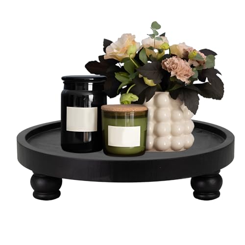 MAONAME Decorative Round Wood Riser for Display, Farmhouse Pedestal Stand for Kitchen Counter, Black Wooden Risers Tray for Home Decor, Pedestal Tray for Living Room Decor