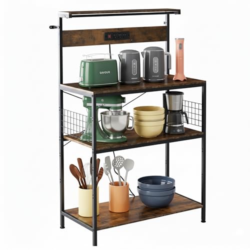 Simple Deluxe Kitchen Bakers Rack with Power Outlet, Coffee Bar Accessories Table, 4-Tier Adjustable Storage Shelf for Spices, Freestanding Appliance Organizer, 31.5 Inch, Rustic Brown - color: Rustic Brown, size: 31.5 inch