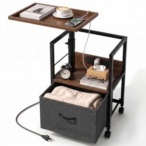 Faesun Swivel Lift Top Nightstand with Charging Station, Rolling Night Stand with Fabric Drawer, Adjustable Bedside Table for Bedroom, Living Room, Walnut Gray, Pro - color: 02 - Walnut Gray (Tray Top), size: 1 Drawer
