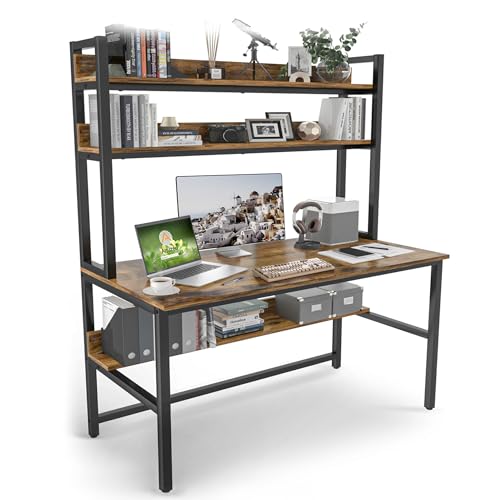Aquzee Computer Desk with Hutch Bookshelves, 55 Inch Home Office Writing Desk with Space Saving Design, Gaming Table Organized Desk with Storage Shelves Bookshelf Easy Assemble, Rustic Brown - color: Brown, size: 55inch