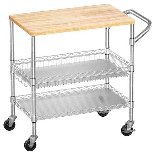 WDT 3 Tier Rolling Kitchen Carts with Wheels, Heavy Duty Rolling Utility Cart with Wood Tabletop, Commercial Grade Metal Cart with Handle and Hooks, NSF Storage Serving Island Carts, Light Wood+Metal - color: Light Wood+metal-3 Tier