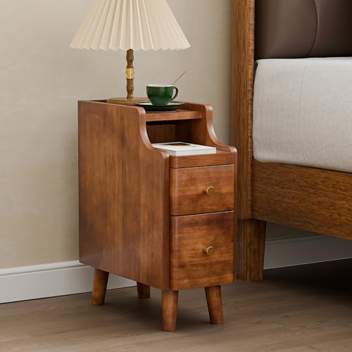 Nightstand, Pre-Assembled, 19.7“H Solid Wood Night Stand with 2 Drawers, Open Sliding Shelf, Mid Century Modern Small Bedside Table for Bedroom, Walnut 8" - color: Walnut, size: 8"