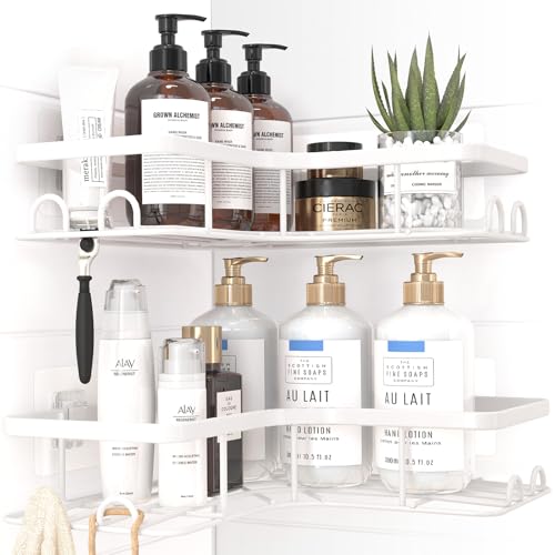 Sakugi Corner Shower Caddy - 2 Pack, Adhesive Shower Organizers, Rustproof Stainless Steel Shower Shelves with 8 Hooks, No Drilling Bathroom Organizers and Storage Racks, Space-Saving, White, Large - color: White, size: Large
