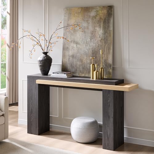 OKD 63" Geometric Console Table with Layered Top, Natural Oak & Dark Alder | Extended Layered Top, Sturdy Support Legs, Entryway, Hallway, Foyer, Living room, Behind Sofa - color: Natural Oak With Dark Alder