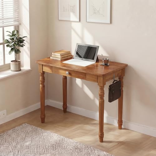 100% Solid Wood Desk 31 x 16 in Small Desk with Drawers | Narrow Mid Century Modern Desk, Vintage Small Wooden Writing Table for Small Spaces Bedroom, Living Room, Office - color: Walnut-2, size: 31.5" x 15.7"