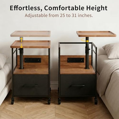Small Bedside Table with Charging Station, Rolling Side Table with Wheels, Small Nightstand with Drawer Storage for Bedroom - Natural Wood with Tray - color: Natural Wood - Tray Style