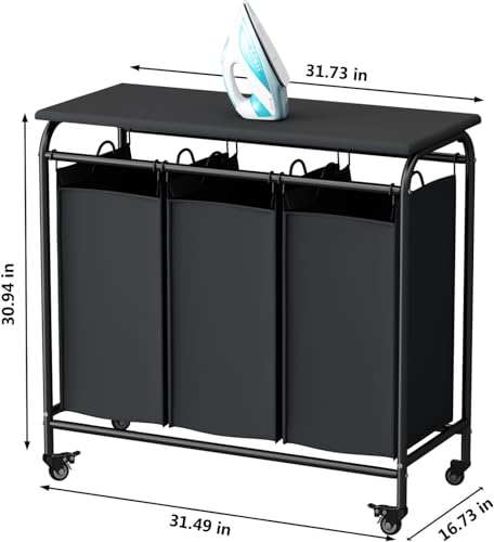 LINZINAR 3-Bag Laundry Hamper with Ironing Board, Black 135L Laundry Sorter | Laundry Room Organization with Heavy Duty Rolling Lockable Wheels and Removable Bag, Bedroom Laundry Cart for Clothes Storage - size: 3 Bags Black with Board