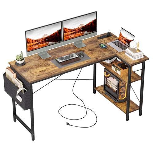 TIQLAB L Shaped Computer Desk with Power Outlets, 55 Inch Small Corner Desk with Reversible Shelves, Gaming Desk Computer Table Study Writing Desk for Home Office Small Space, Rustic Brown - color: Rustic Brown, size: 55 Inch