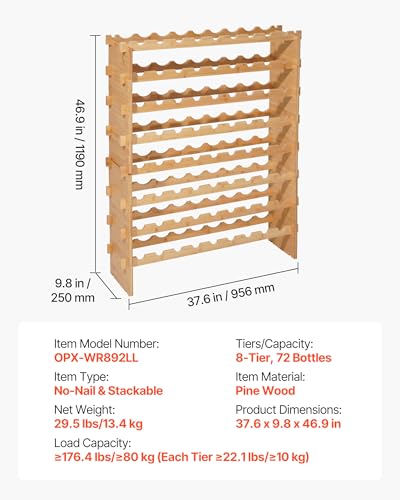 VEVOR 72 Bottle Stackable Modular Wine Rack, 8-Tier, Floor Freestanding Wine Storage Rack, Sturdy Wines Holder Display Shelf, Wobble-Free Shelves, Easy Assembly, for Kitchen, Cellar, and Bar, Natural - size: 37.6 x 9.8 x 46.9 in
