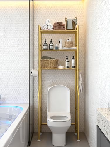 3-Tier Over The Toilet Storage, Freestanding Metal Bathroom Organizer with 4 Hooks & Anti-Tilt Kits, Heavy Duty Space Saver Shelf for Bathroom/Kitchen/Living Room, Gold