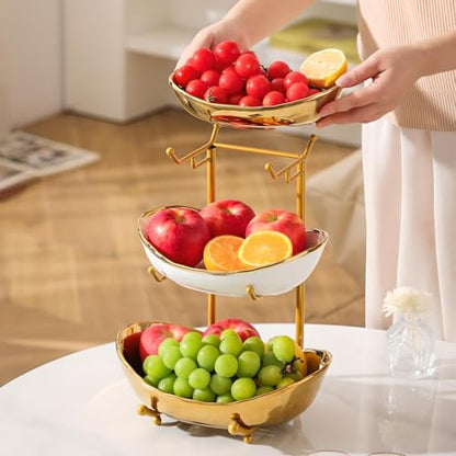 YYW 3 Tier Fruit Bowl for Kitchen Counter, White Gold Silver Ceramic Fruit Stand for Countertop, Home Fruit Rack with Metal Holder, Vegetable Snacks Nuts Bread Candy Storage (Gold (Smooth)) - color: Gold (Smooth)