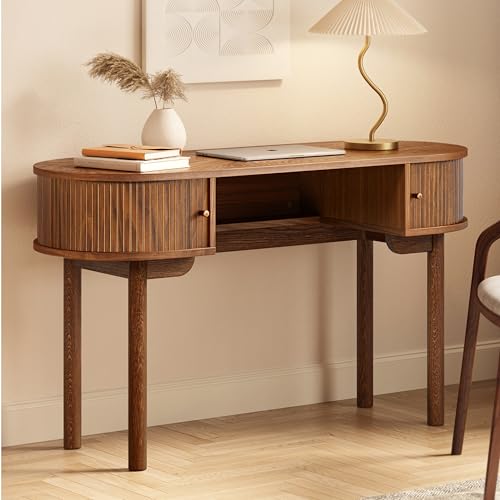 WERMO 51'' Small Wood Writing Desk and Makeup Vanity Desk with Storage and Sliding Doors - Narrow Computer and Work Table for Home Office, Modern Vanity, Brown Dressing Table for Bedroom (Walnut) - color: Engineered Wood With Real Walnut Veneer