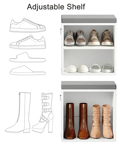 HOOBRO Shoe Storage Bench with Cushion, Entryway Bench with Coat Rack Set, Small Shoe Storage Organizer with Adjustable Shelf, for Narrow Hallway Foyer, Bedroom, White and Gray WG28HX01