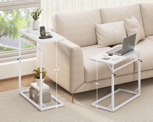 Vagusicc C Shaped End Table with Charging Station, C-Table End Table Adjustable Height Side Table for Couch, Large Couch Table, Slide Under Sofa Table TV Tray Arm Table for Living Room, Bedroom, White - color: White, style: With Plug