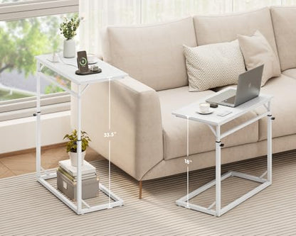 Vagusicc C Shaped End Table with Charging Station, C-Table End Table Adjustable Height Side Table for Couch, Large Couch Table, Slide Under Sofa Table TV Tray Arm Table for Living Room, Bedroom, White - color: White, style: With Plug