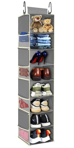 Large-Sized Hanging Shoe Organizer 8-Shelf, Hanging Closet Organizer with 8 Side Pockets, Wider Hanging Shelves for Storage Shoes Clothes 9" W × 11.8" D× 48" H, Grey - color: Grey, size: 1 pack