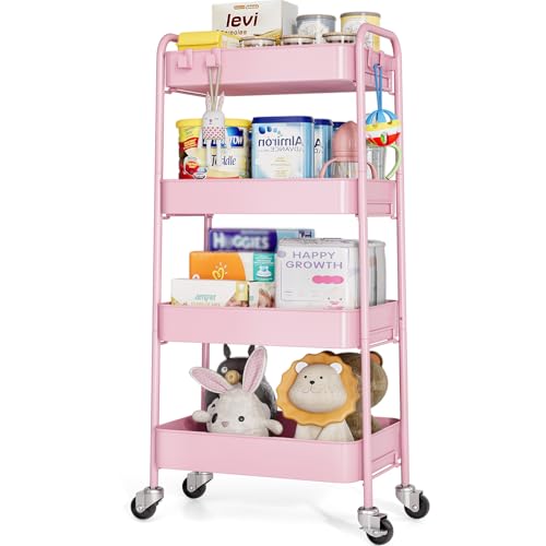 TOOLF 4 Tier Metal Rolling Cart, Utility Storage Cart with Wheels, Pink | Screwless Assembly, Lockable Metal Wheels, Trolley Organizer for Bathroom, Kitchen, Office, Dorm, Laundry, Craft Room - color: Pink, size: 4-Tier