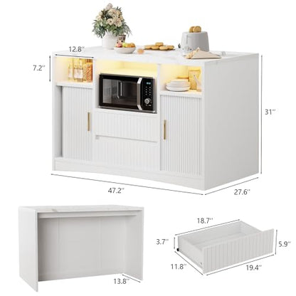 Kitchen Island with Storage, Island Table for Kitchen with Power | Outlet & LED Light, Coffee Cart on Wheels Rolling Buffet Cabinet with Fluted Sliding Door, 2 Drawers, Large Countertop, White - color: White
