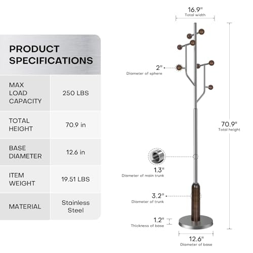 Coat Rack Freestanding Metal Coat Tree with 8 Wood Hooks | Heavy Duty Standing Coat Rack, Stainless Steel Marble Base, Coat Hanger Stand for Bedroom Entryway Hallway, Hat, Bags - color: Stainless Steel and Wood