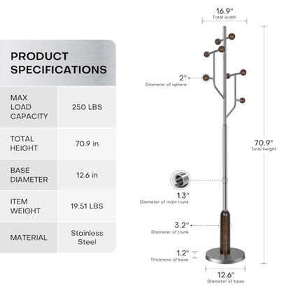 Coat Rack Freestanding Metal Coat Tree with 8 Wood Hooks | Heavy Duty Standing Coat Rack, Stainless Steel Marble Base, Coat Hanger Stand for Bedroom Entryway Hallway, Hat, Bags - color: Stainless Steel and Wood