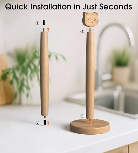KitchLife Cute Wooden Paper Towel Holder Countertop - Solid Freestanding Paper Towel Dispenser Stand Organizer with Anti-Skid Base (Cat) - style: Cat