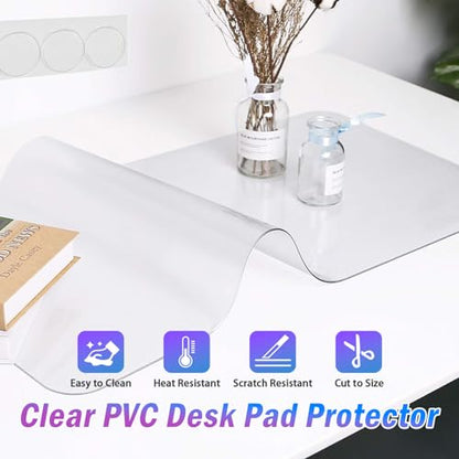 JanJunDec 24x56 Inch Clear Desk Pad Protector, Vinyl Desk Cover Protector Mat, Plastic Table Cover, PVC Clear Table Protector, Transparent Writing Desk Mat for Desktop Office Computer with Mouse Pad - size: 24x56 Inch