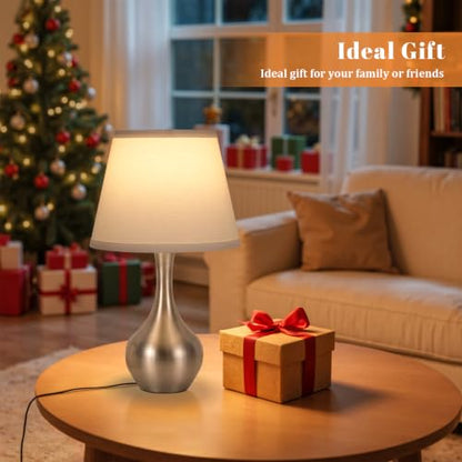 Seealle Touch Table Lamp for Bedroom, 3-Way Dimmable Small Bedside Lamps for Night Stands with Wires, Silver Desk Lamp for Kids Room, Office, Living Room, End Table(LED Bulb Included) - color: G. White Shade & Silver Base