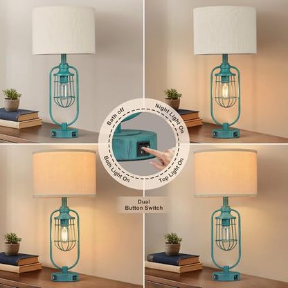 Table Lamps for Living Room End Table Set of 2, Farmhouse Lamps for Night Stands, Industrial Bedside Lamps for Bedroom with USB A+C, Bulbs Included - color: Green