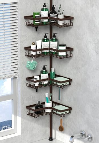 DAOYA Corner Shower Caddy Tension Pole Bronze Tension Rod Shower Organizer | 4-Tier Stainless Steel Showe Shelf, with Soap Holders & Side Hooks, for Bathroom/Tub, Adjustable 25-114inch, Space Saving - color: Bronze