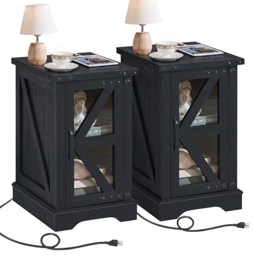 Joaxswe Narrow Night Stand Set 2 with Charger Station, Farmhouse Side End Table with Glass Barn Door Storage, Bedside Tables, Black Nightstand Cabinet Organizer for Small Spaces Living Room Bedroom - color: Classic Black, size: with Charger
