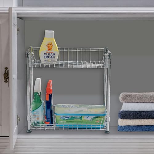 Shelving Inc. 8" d x 18" w x 18" h 2-Tier Chrome Wire Basket Rack, Everyday Shelving, Weight Capacity 65 lbs Per Shelf - size: 8" d x 18" w x 18" h