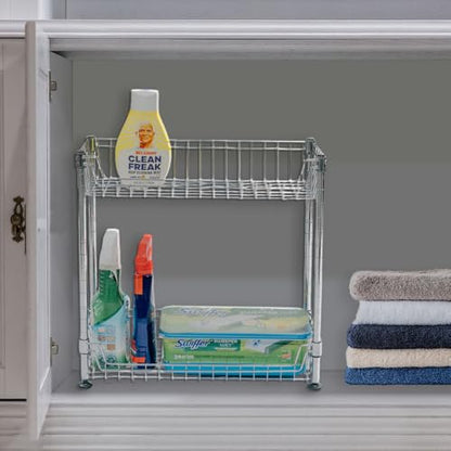Shelving Inc. 8" d x 18" w x 18" h 2-Tier Chrome Wire Basket Rack, Everyday Shelving, Weight Capacity 65 lbs Per Shelf - size: 8" d x 18" w x 18" h