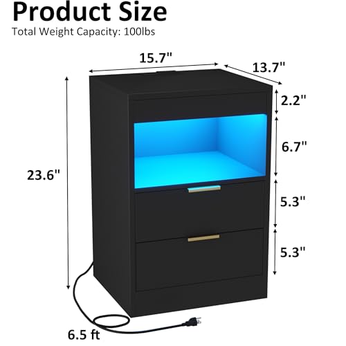 Gadroad Night Stand, LED Nightstand with Charging Station, Wood Bedside Table, End Table Sofa Couch Side Table with Pull-Out Shelf, Black - color: Black