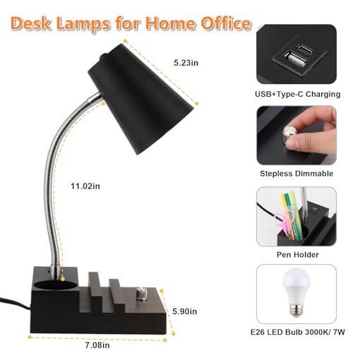 LALISU Study Desk Lamp with USB Charging and Type-C Night Light, Gooseneck LED Table Lamp Stepless Dimming Study Table Lamp with Pen Holder for College Dorm Bedroom and Office (Black)
