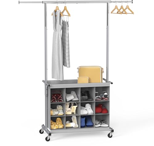 Simple Houseware Garment Rack with Extensible Haning Rod and 16 Shoes Organizer, Grey