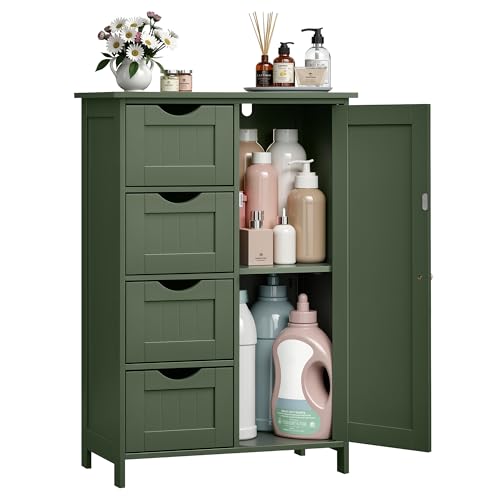 VASAGLE Storage Cabinet with Drawers, Freestanding Floor Cabinet with Door, 11.8 x 21.7 x 32.3 Inches, Adjustable Shelf, for Bathroom, Living Room, Kitchen, Forest Green ULHC041CH01S - color: Forest Green, size: 1 Door + 4 Drawers（32.3"）