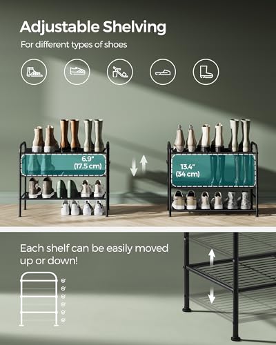 SONGMICS Shoe Rack, 3-Tier Shoe Organizer, Metal Shoe Shelf Storage with 4 Side Hooks, Holds 12 Pairs of Shoes, Height-Adjustable Shoe Rack for Entryway, Hallway, Closet, Ink Black ULMR068B01 - size: 3 Tiers (26.7"W)