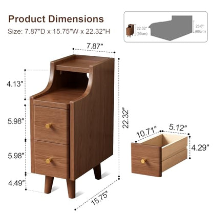Narrow Nightstand with 2 Drawers,Walnut Nightstand,Bedside Table,Solid Wood Modern Bedside Table for Bedroom,Study,Toilet - color: Walnut, size: 15.75"D x 7.87"W x 22.32"H(2 Drawers)