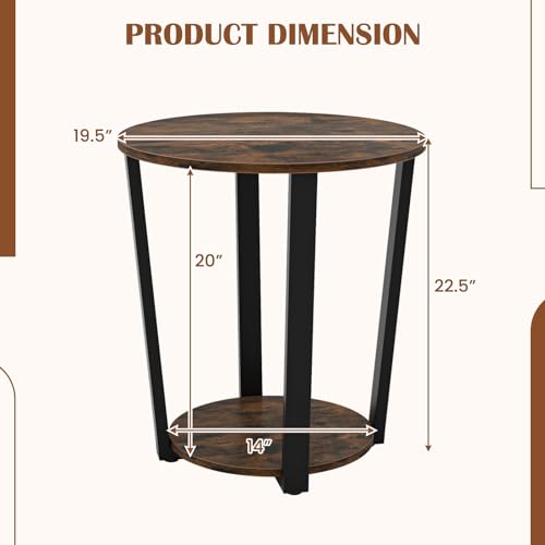 Giantex Round End Table, 2-Tier Side Sofa Table with Open Storage Shelf and Metal Frame, Industrial Nightstand Bedside Table for Living Room, Bedroom, Small Space, Accent Furniture, Rustic Brown - color: Rustic Brown