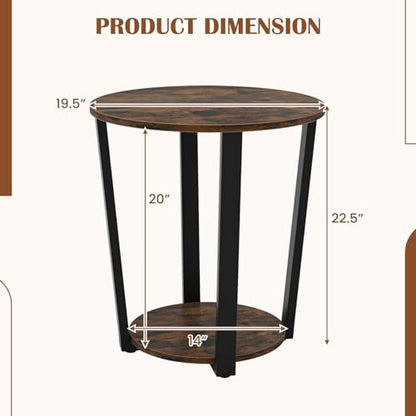 Giantex Round End Table, 2-Tier Side Sofa Table with Open Storage Shelf and Metal Frame, Industrial Nightstand Bedside Table for Living Room, Bedroom, Small Space, Accent Furniture, Rustic Brown - color: Rustic Brown